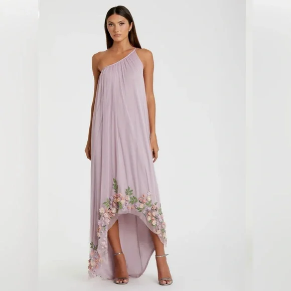mac duggal one-shoulder asymmetrical midi cape dress Blue One Shoulder Embellished Kaftan Gown